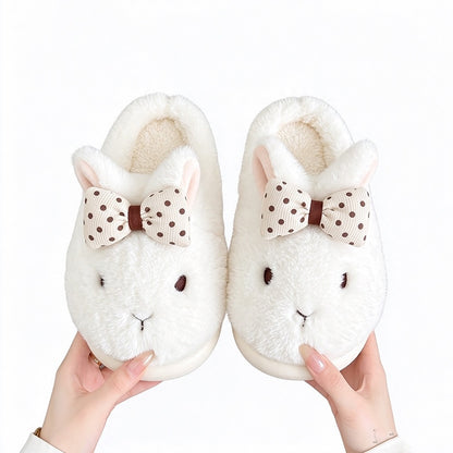 White winter cute bow bunny slippers aesthetic warm plush house shoes