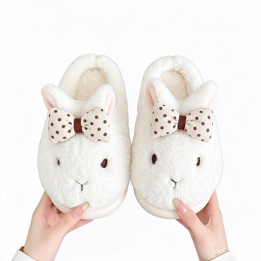 White winter cute bow bunny slippers aesthetic warm plush house shoes
