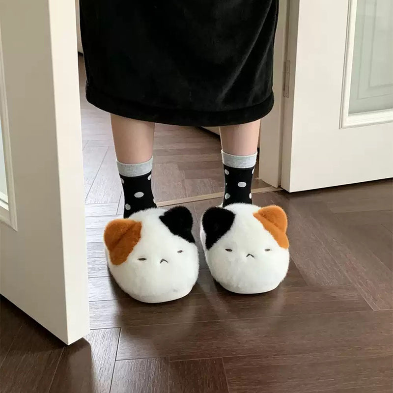 White winter cute calico cat slippers aesthetic warm plush house shoes
