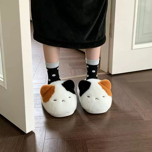White winter cute calico cat slippers aesthetic warm plush house shoes