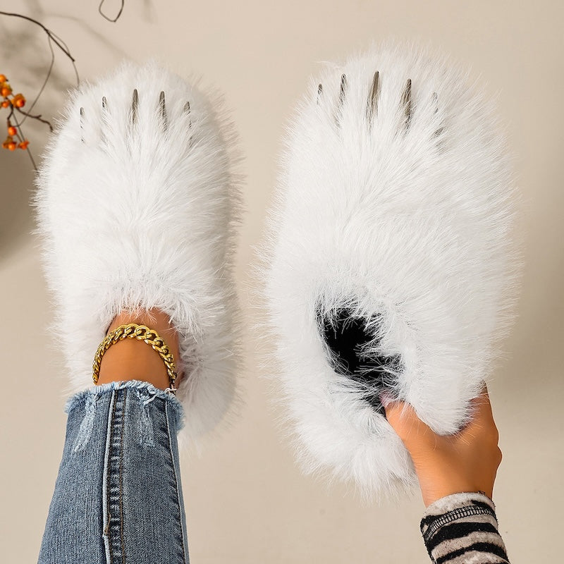 White winter cute cartoon y2k faux fur metal claw slippers