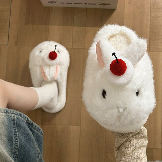 White winter cute cherry bunny slippers aesthetic warm plush house shoes