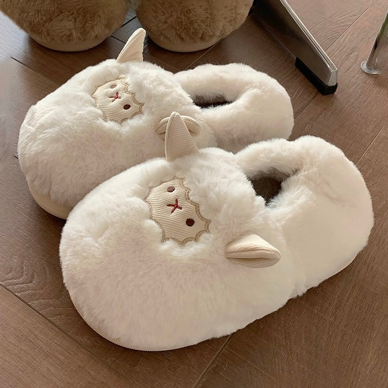 White winter cute closed back sheep slippers aesthetic warm plush house shoes