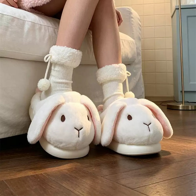 White winter cute floppy ear bunny slippers aesthetic warm plush house shoes