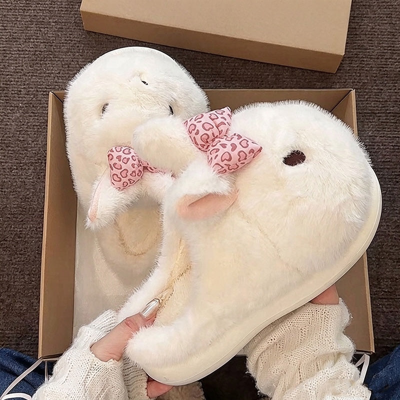 White winter cute heart bow bunny slippers aesthetic warm house shoes