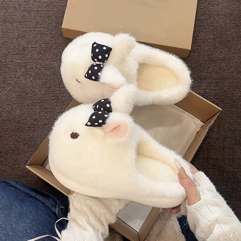 White winter cute polka dot bow bunny slippers aesthetic warm house shoes