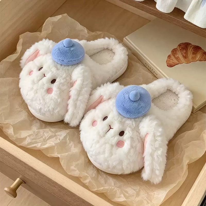 White winter cute pom pom hat bunny slippers aesthetic warm plush house shoes