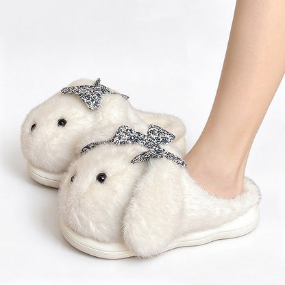 White winter cute shiny bow bunny slippers aesthetic warm plush house shoes