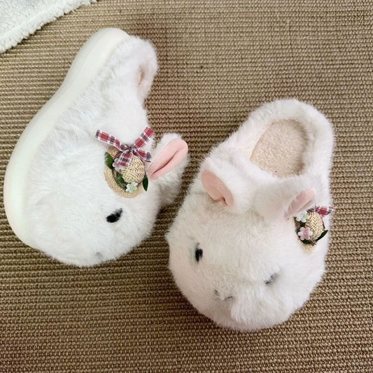 White winter cute straw hat bunny slippers aesthetic warm plush house shoes