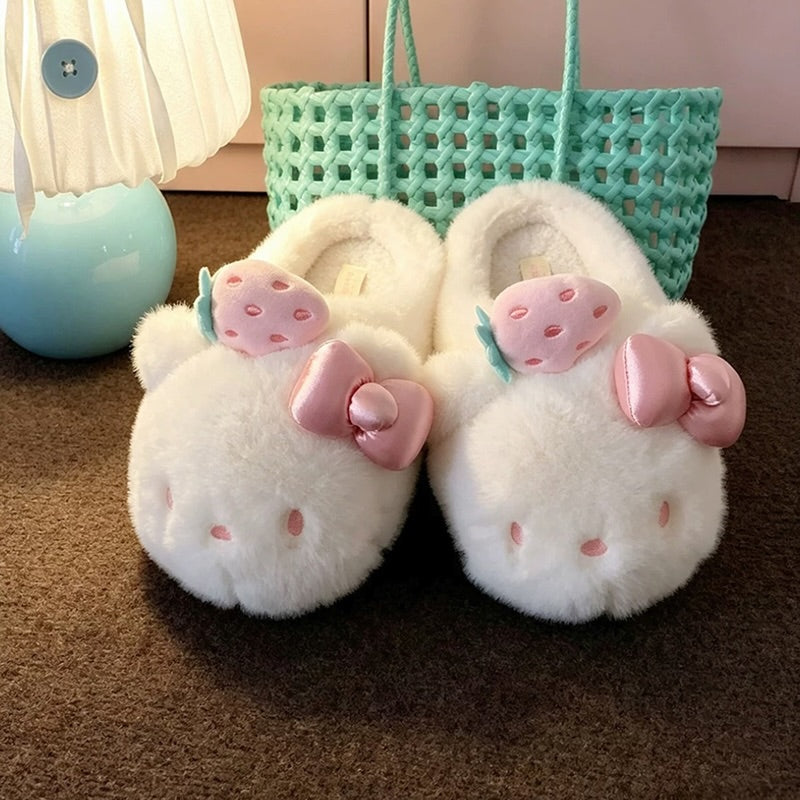 White winter cute strawberry hello kt cat slippers aesthetic warm plush house shoes