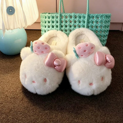 White winter cute strawberry hello kt cat slippers aesthetic warm plush house shoes