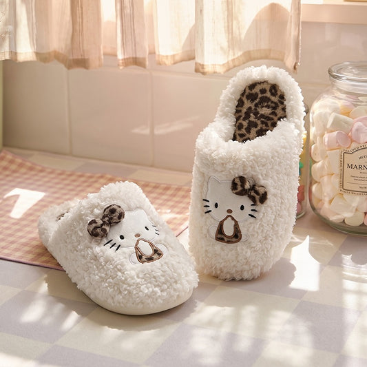 White winter leopard bow cute hello kt cat slippers aesthetic warm plush house shoes