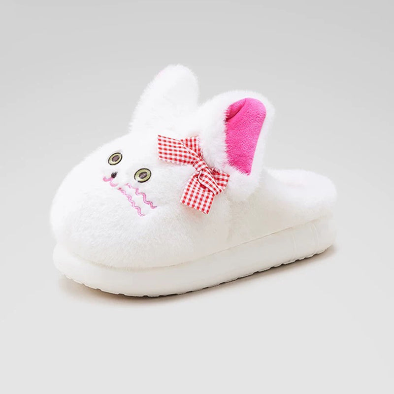 White winter plush bow cat slippers eva sole indoor house shoes