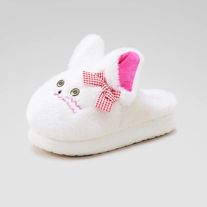 White winter plush bow cat slippers eva sole indoor house shoes