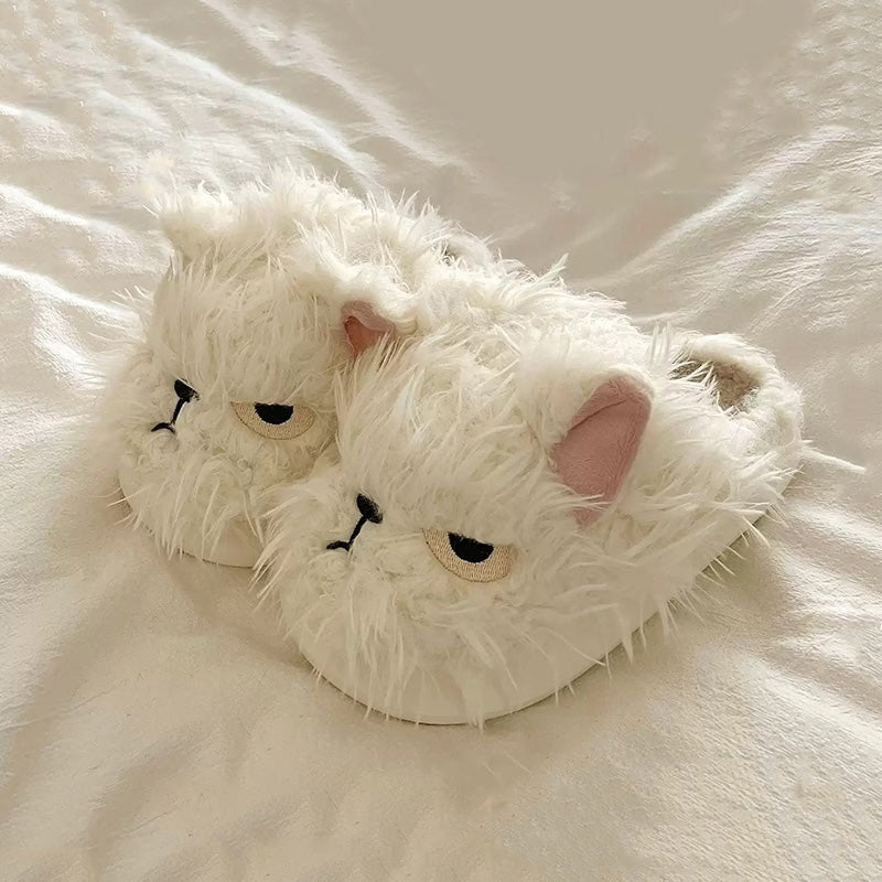 White winter plush expression cat slippers eva sole indoor house shoes