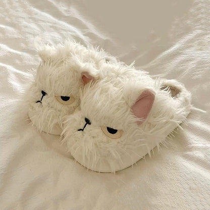 White winter plush expression cat slippers eva sole indoor house shoes