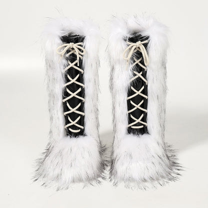 White winter y2k lace-up faux fur mid-calf boots pvc sole footwear