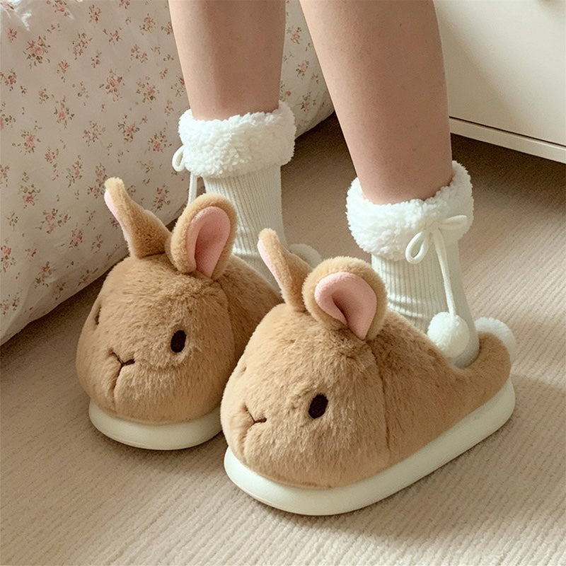 Winter brown cute long ear fluffy bunny slippers aesthetic warm plush house shoes
