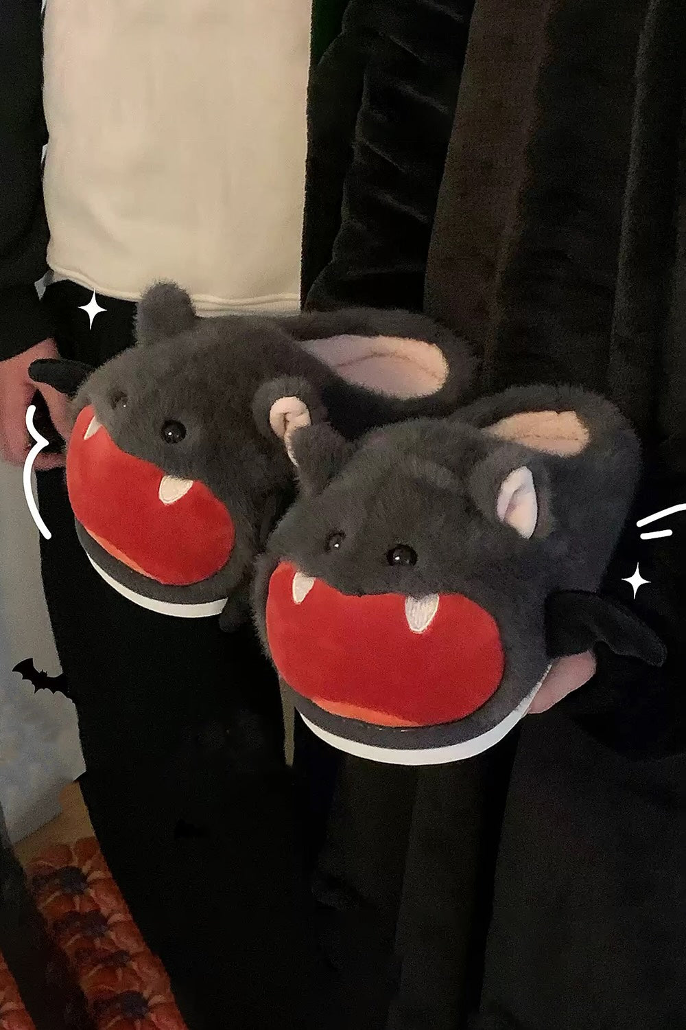 Winter cute black halloween bat slippers aesthetic warm plush house shoes