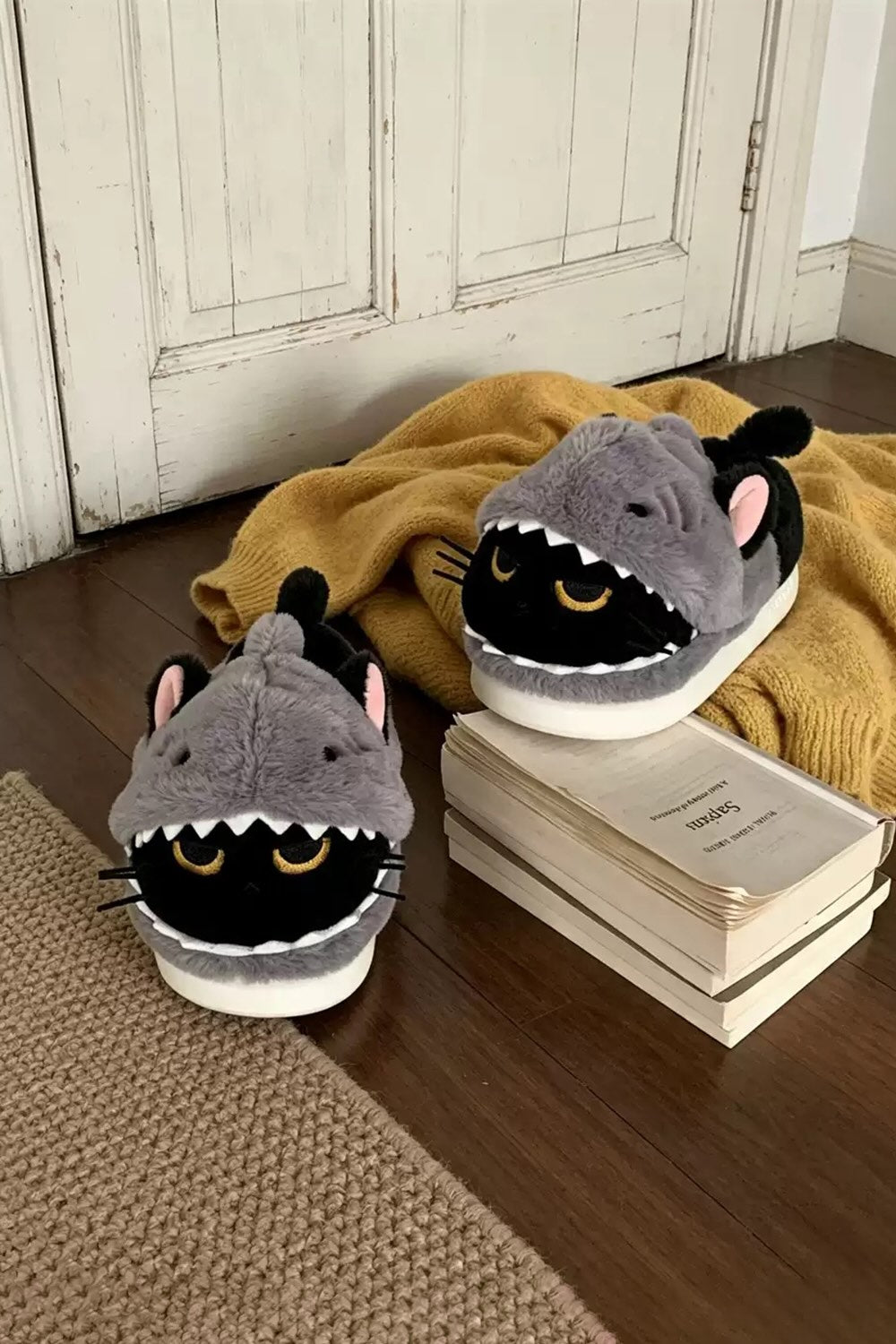 Winter cute black shark cat slippers aesthetic warm plush house shoes