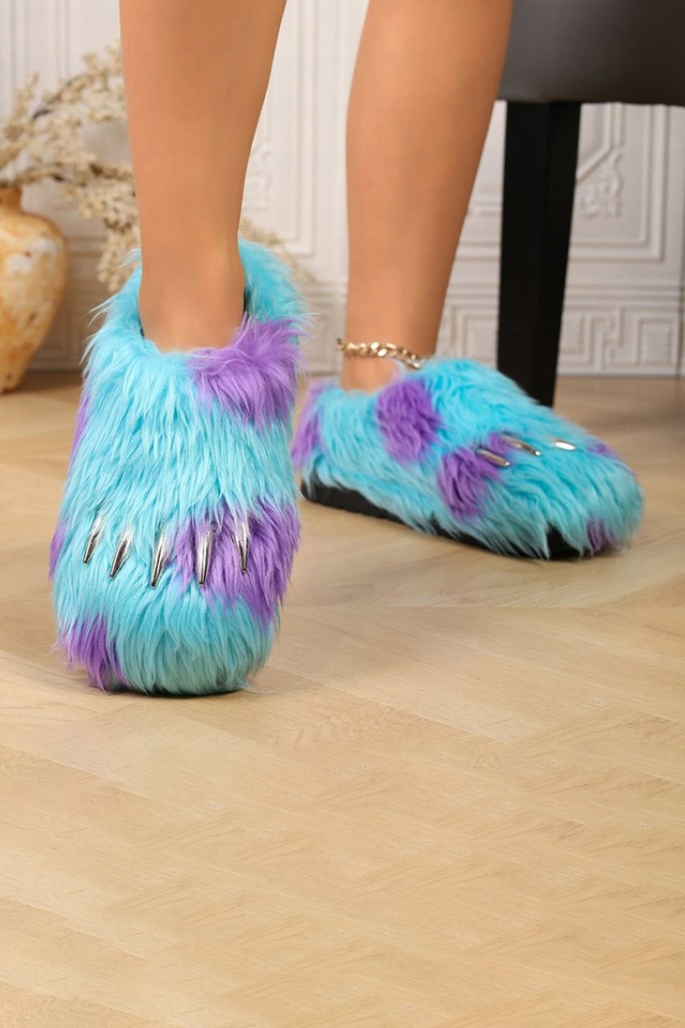 Winter cute blue monster claw slippers aesthetic warm plush house shoes