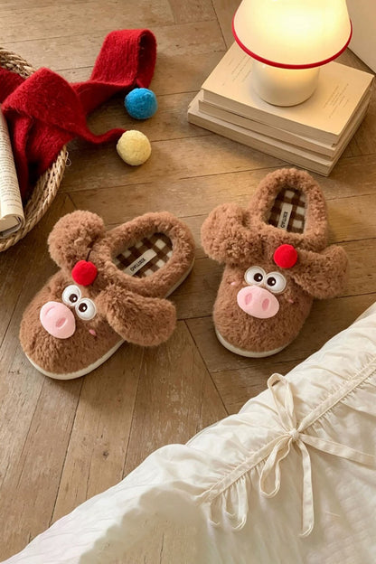 Winter cute brown cherry pig slippers aesthetic warm plush house shoes