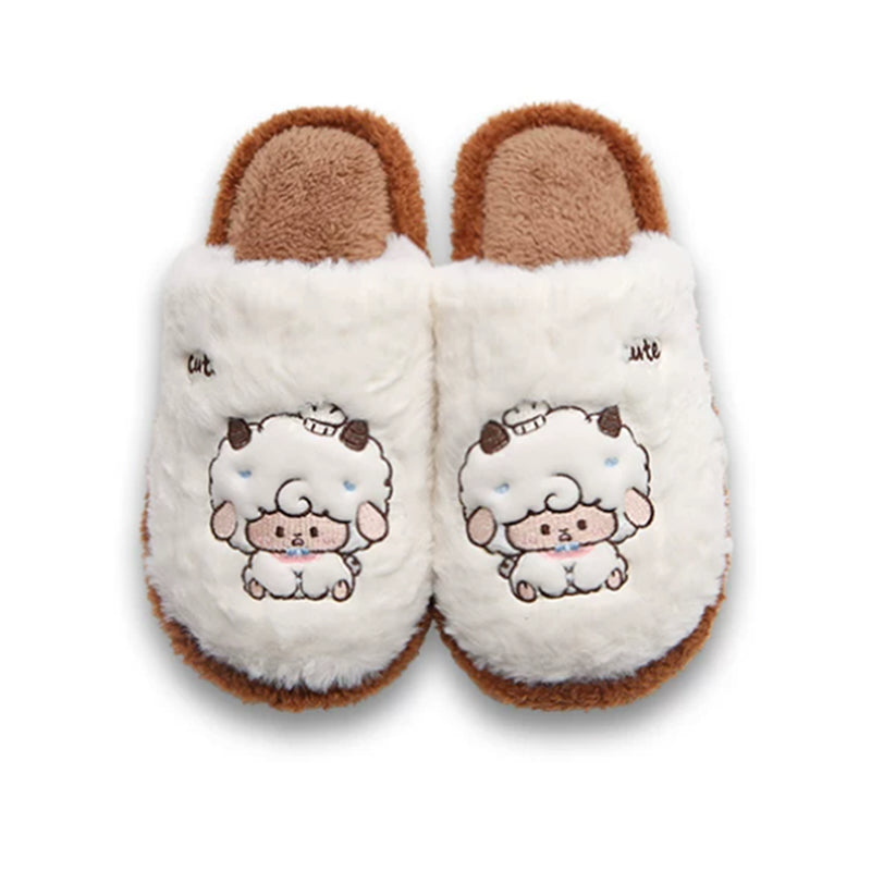 Winter cute brown embroidered sheep slippers aesthetic warm plush house shoes