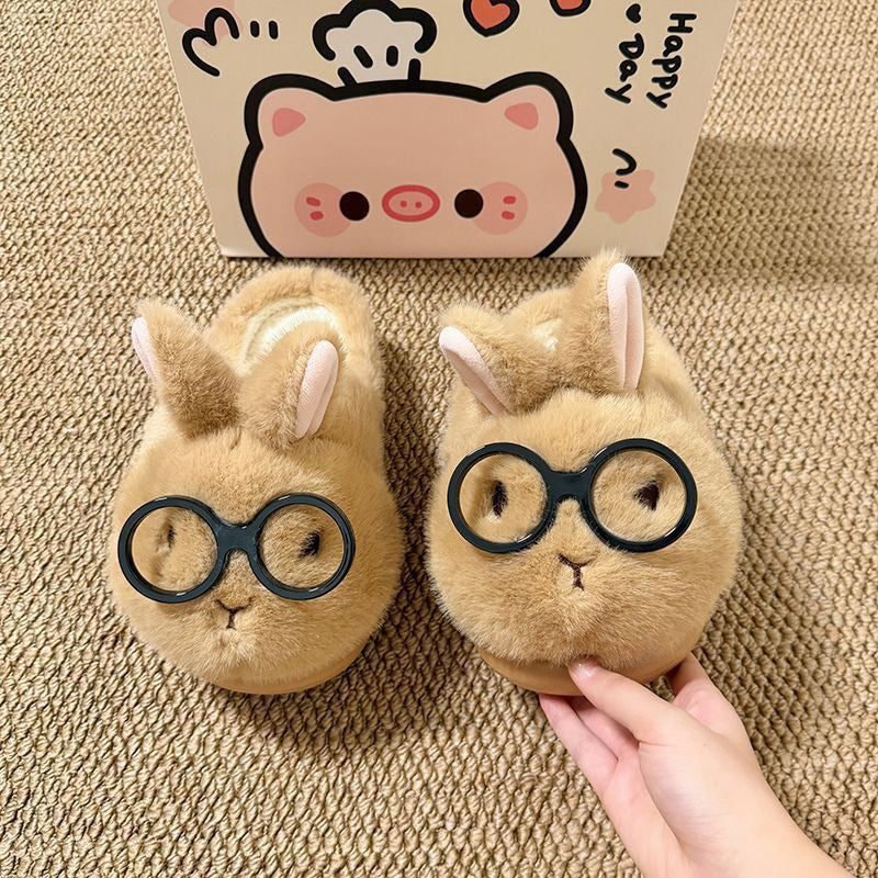 Winter cute glasses brown bunny slippers aesthetic warm plush house shoes