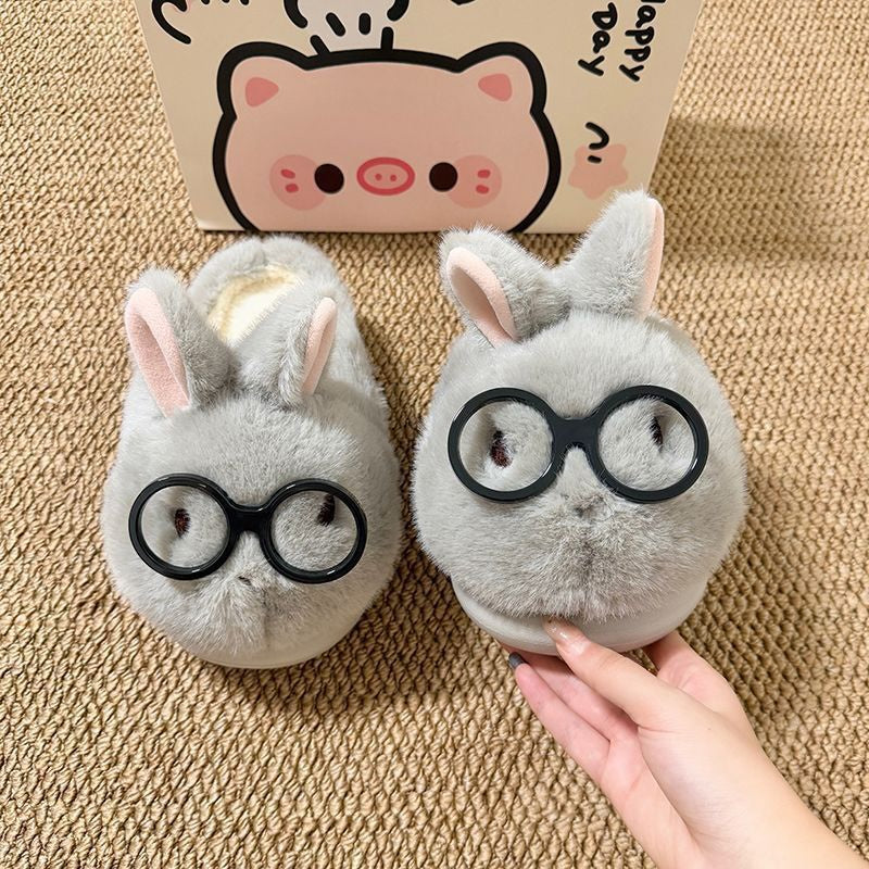 Winter cute glasses gray bunny slippers aesthetic warm plush house shoes