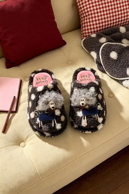 Winter cute gray patch curly sheep slippers aesthetic warm plush house shoes