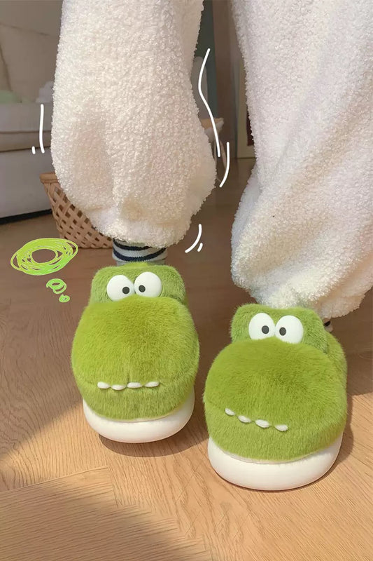 Winter cute green crocodile slippers aesthetic warm plush house shoes
