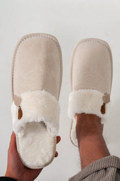 Winter cute khaki western cowboy slippers aesthetic warm plush house shoes