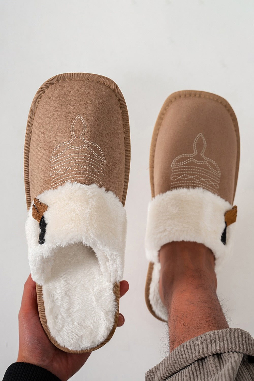 Winter cute light brown western cowboy slippers aesthetic warm plush house shoes