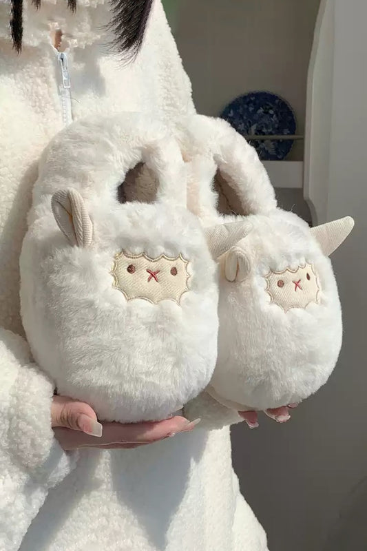 Winter cute milky white sheep slippers aesthetic warm plush house shoes
