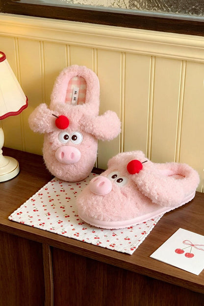 Winter cute pink cherry pig slippers aesthetic warm plush house shoes