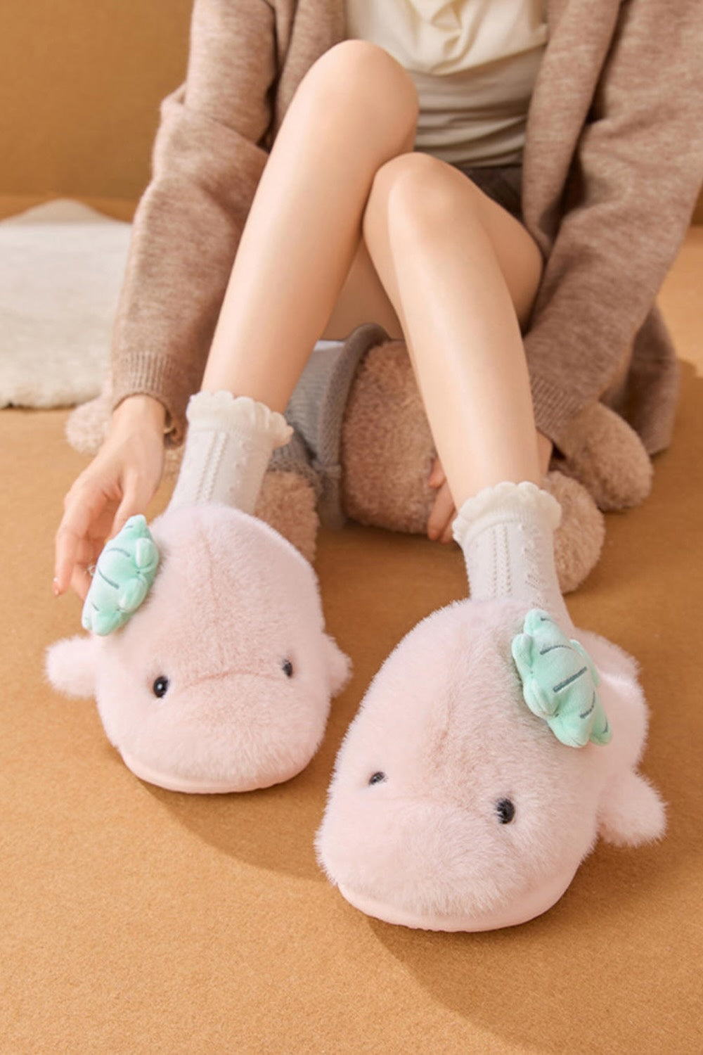 Winter cute pink dolphin slippers aesthetic warm plush house shoes