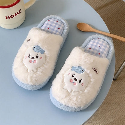 Winter cute sky blue embroidered seal slippers aesthetic warm plush house shoes