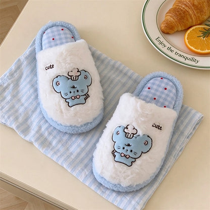 Winter cute white embroidered mouse slippers aesthetic warm plush house shoes