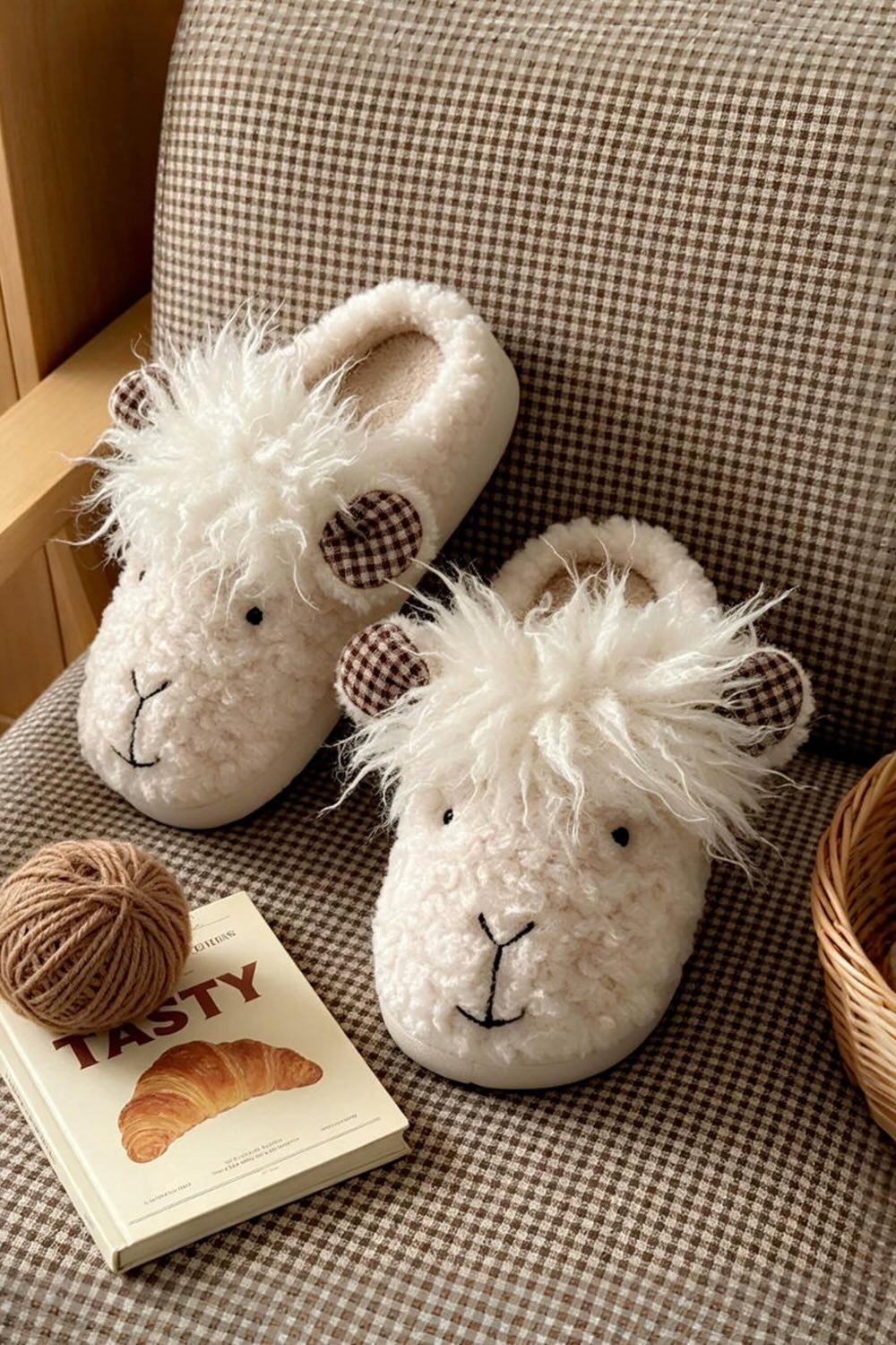 Winter cute white shaggy sheep slippers aesthetic warm plush house shoes