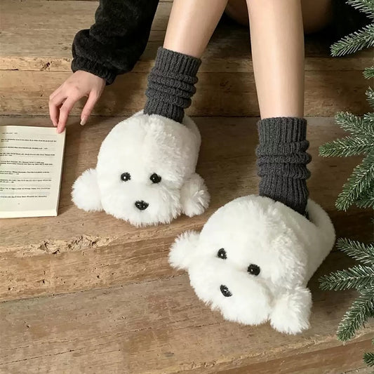Winter cute white teddy dog slippers aesthetic warm plush house shoes