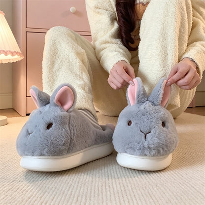 Winter gray cute long ear fluffy bunny slippers aesthetic warm plush house shoes