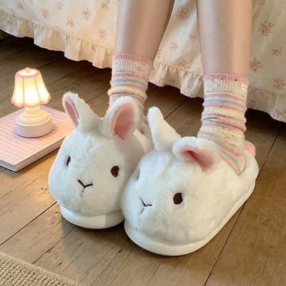 Winter white cute long ear fluffy bunny slippers aesthetic warm plush house shoes