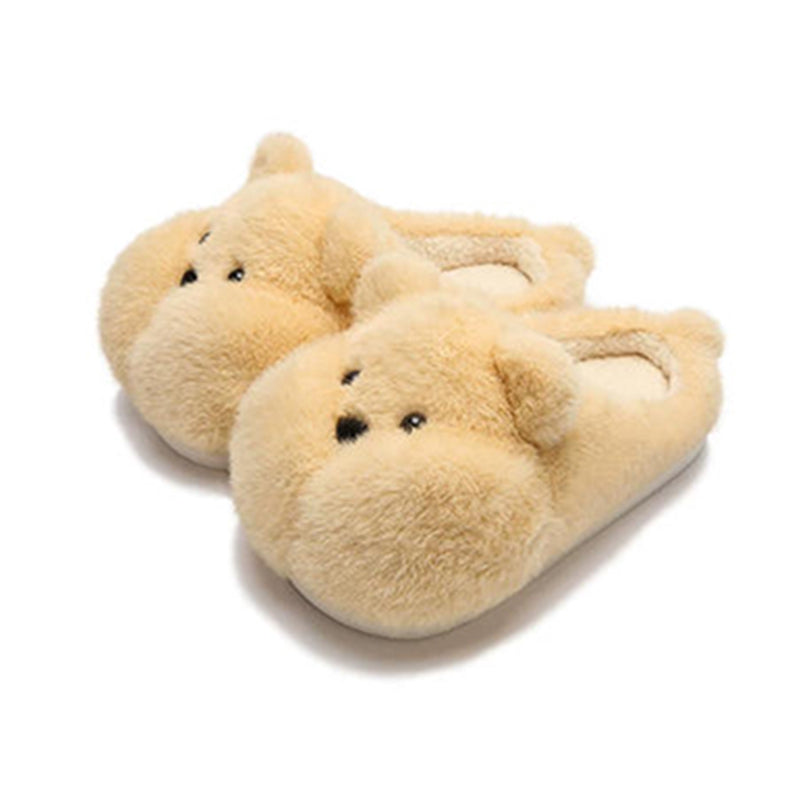 Yellow chubby bear plush slippers featuring a rounded silhouette, small ears, and black dot eyes, soft indoor footwear with PVC sole