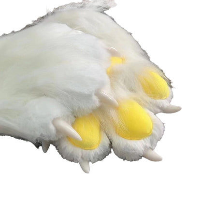 Yellow oval pad cosplay paw gloves featuring long white plush fur and realistic three-dimensional claw tips, soft lined furry mitts