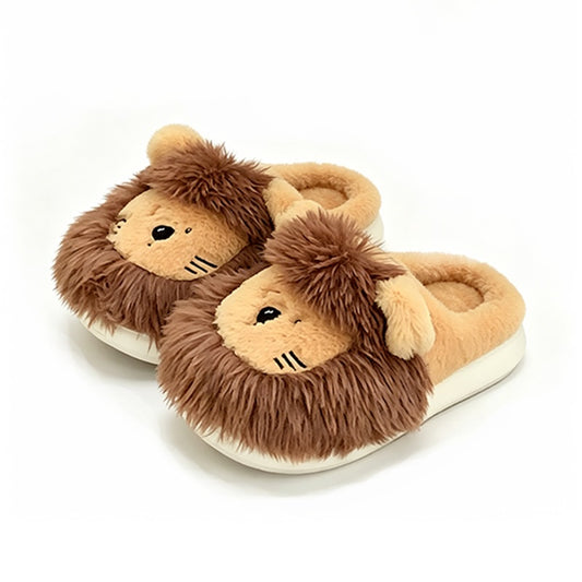Yellow plush lion slippers featuring a thick brown furry mane and a stitched smile, cozy home shoes with EVA sole