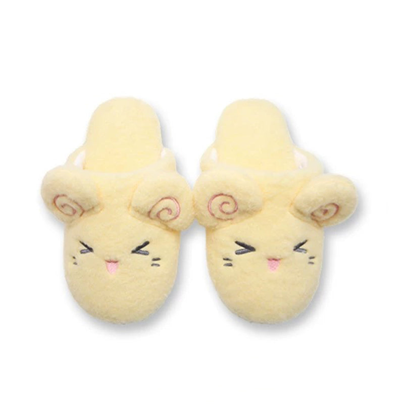 Yellow plush sheep slippers featuring pink spiral ears and a closed-eye smile, quiet fabric sole indoor shoes