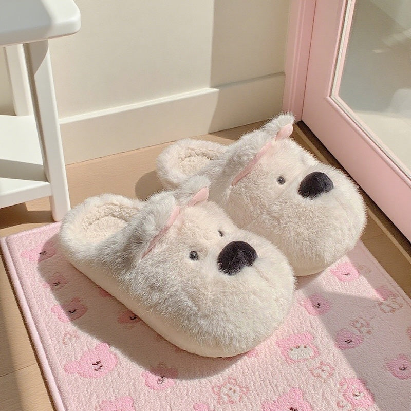 Cute white westie dog plush slide slippers with folded ears and tiny dot face, fuzzy indoor shoes