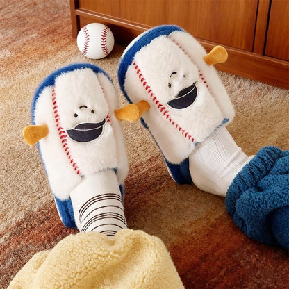 Cute white baseball character plush slippers with red stitches, black cap, and blue trim, fuzzy indoor shoes with EVA sole