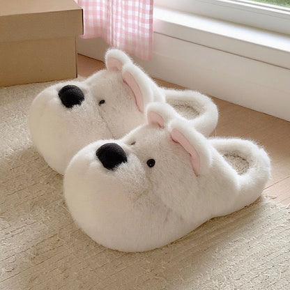 Cute white westie dog plush slide slippers with folded ears and tiny dot face, fuzzy indoor shoes