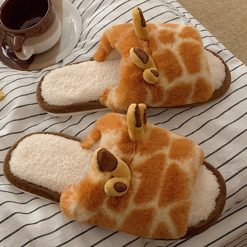 oft plush giraffe slippers with spotted pattern and 3D brown horns, fuzzy indoor footwear with PVC sole